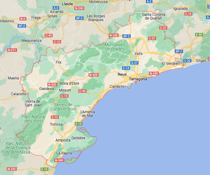 Imágen de google maps de la provincia de Tarragona.